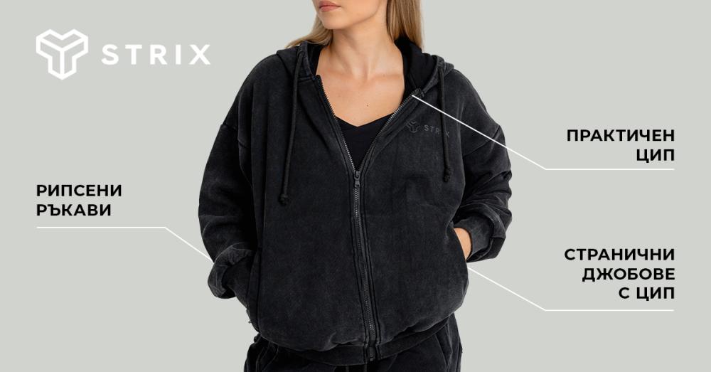 Дамска качулка с цип, изпиране, черна - STRIX