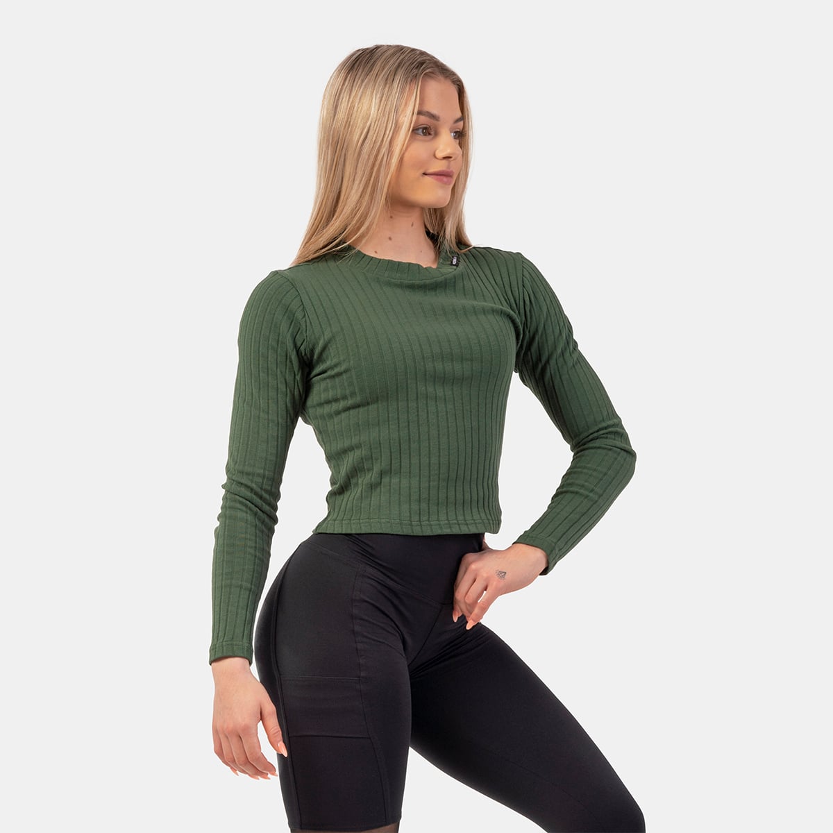 Дамски топ Organic Cotton Ribbed Long Sleeve Top Dark Green - NEBBIA
