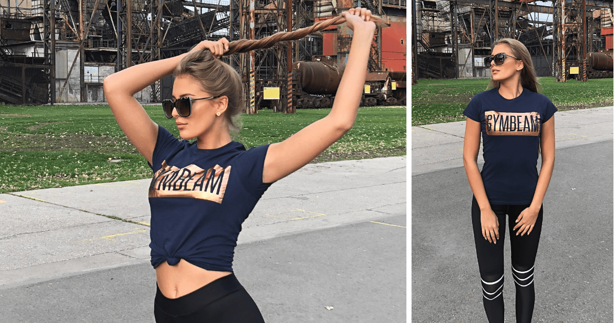 Дамска тениска Box Logo Navy Rosegold - GymBeam